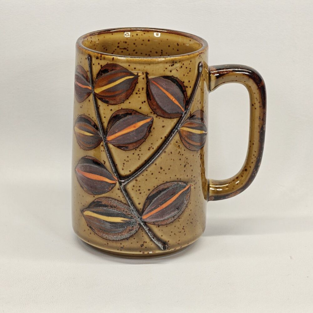 Stoneware Coffee Mug Brown Speckled Raised Leaf Design Earthtone Pottery Tankard